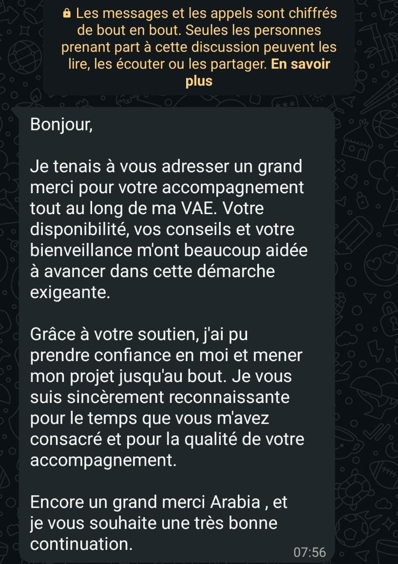 Message d'une candidate en accompagnement VAE petite enfance