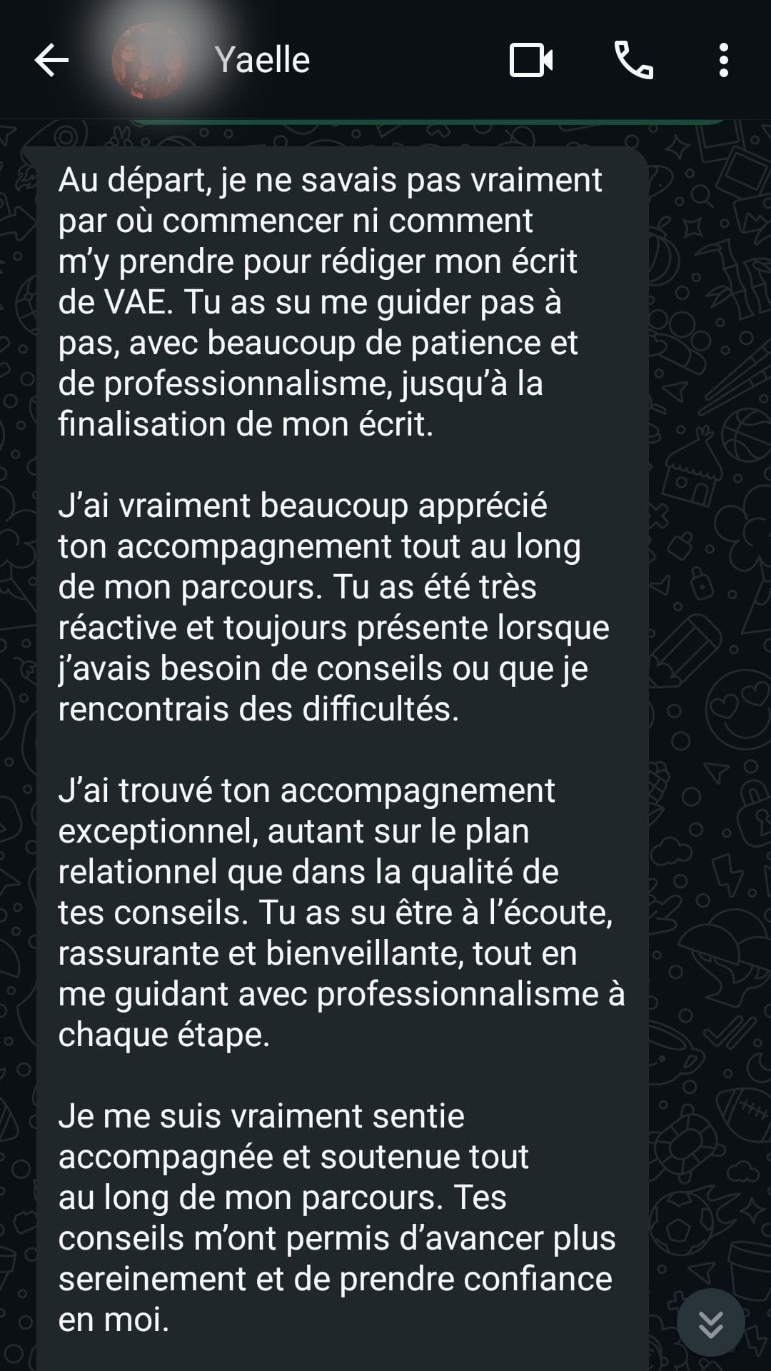 Retour de Yaëlle, candidate VAE EJE